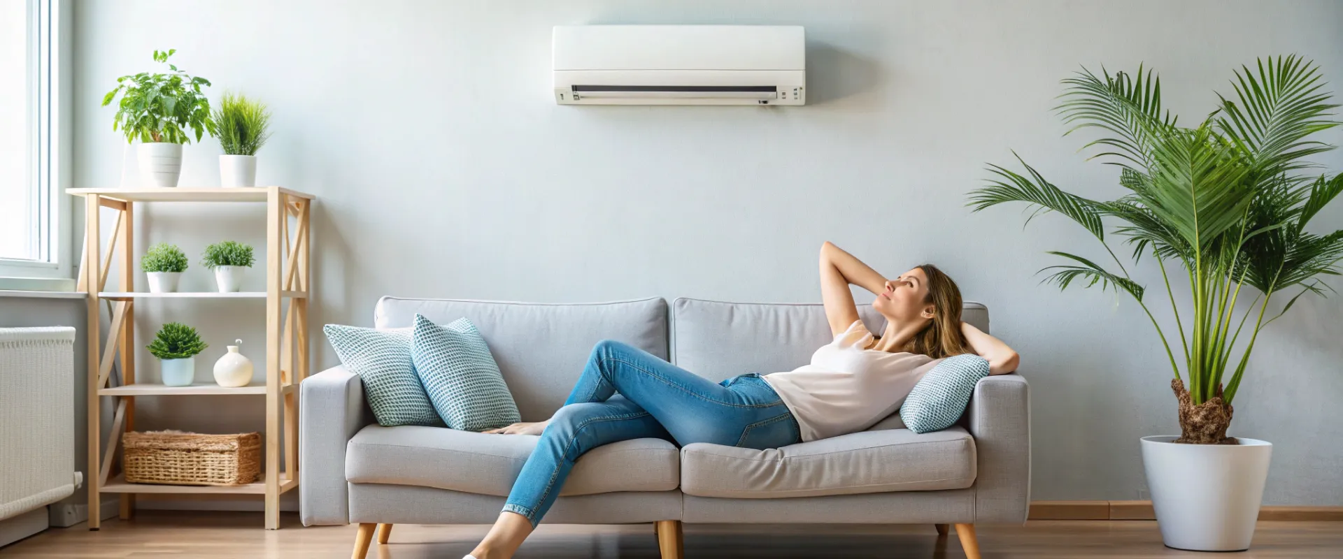 Biała klimatyzacja do domu w otoczeniu zielonych roślin umieszczona nad sofą w salonie