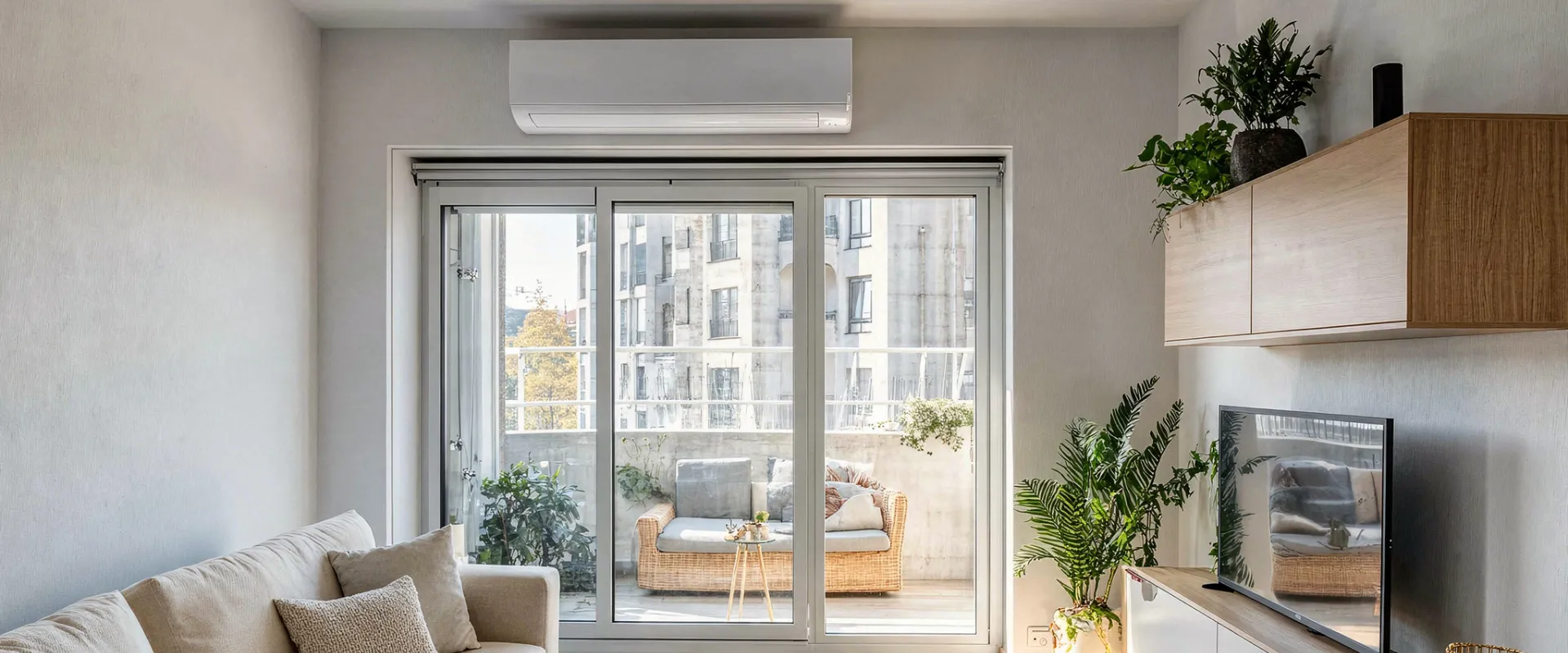 Biała klimatyzacja do mieszkania umieszczona nad drzwiami balkonowymi w salonie