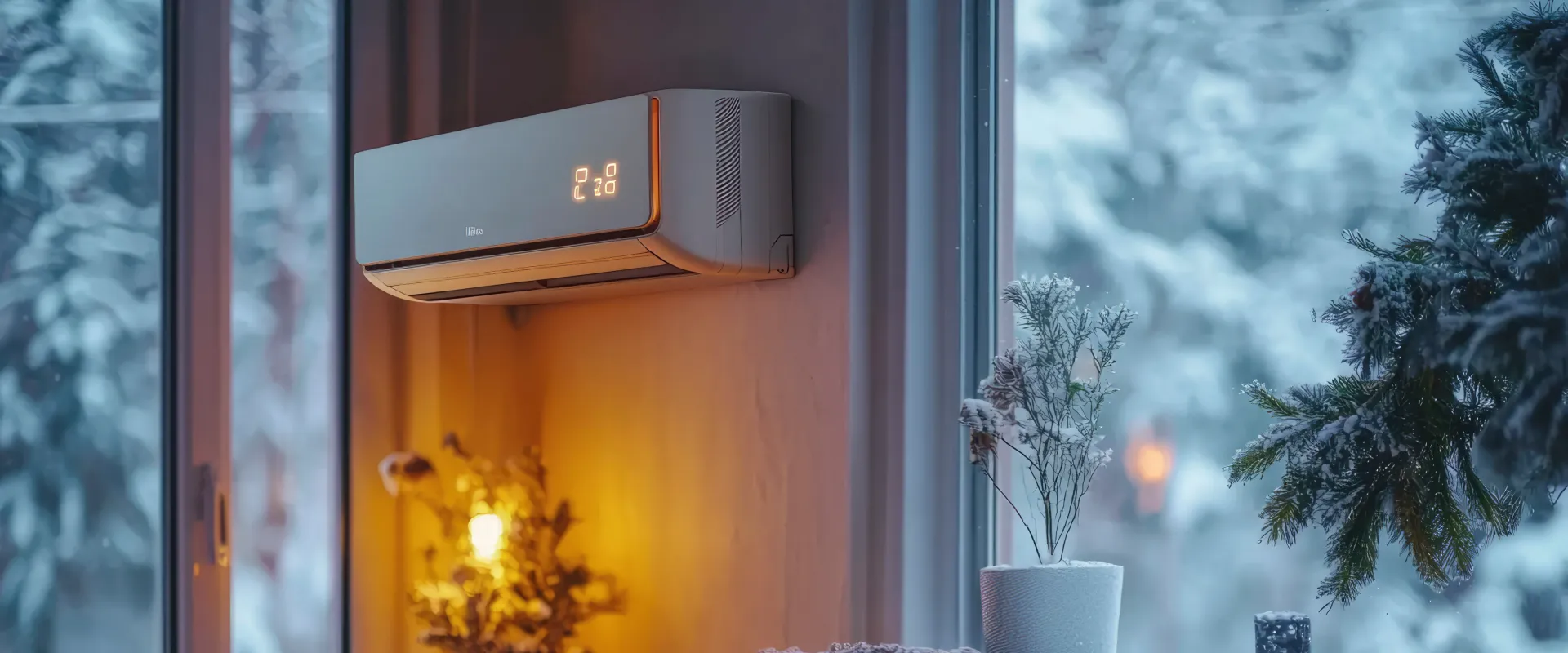 Klimatyzacja do ogrzewania w domu w zimowej aranżacji za oknem