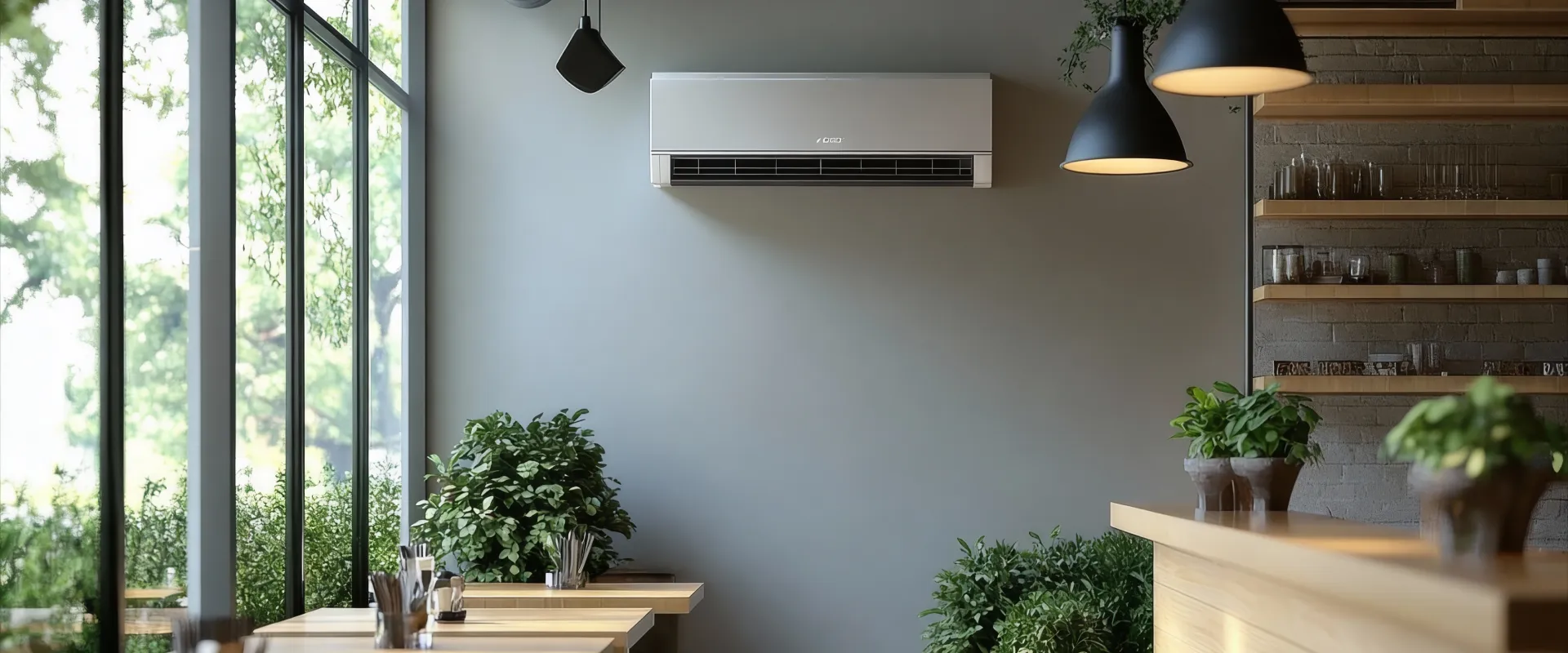 Klimatyzacja do restauracji umieszczona na ścianie nowoczesnego lokalu