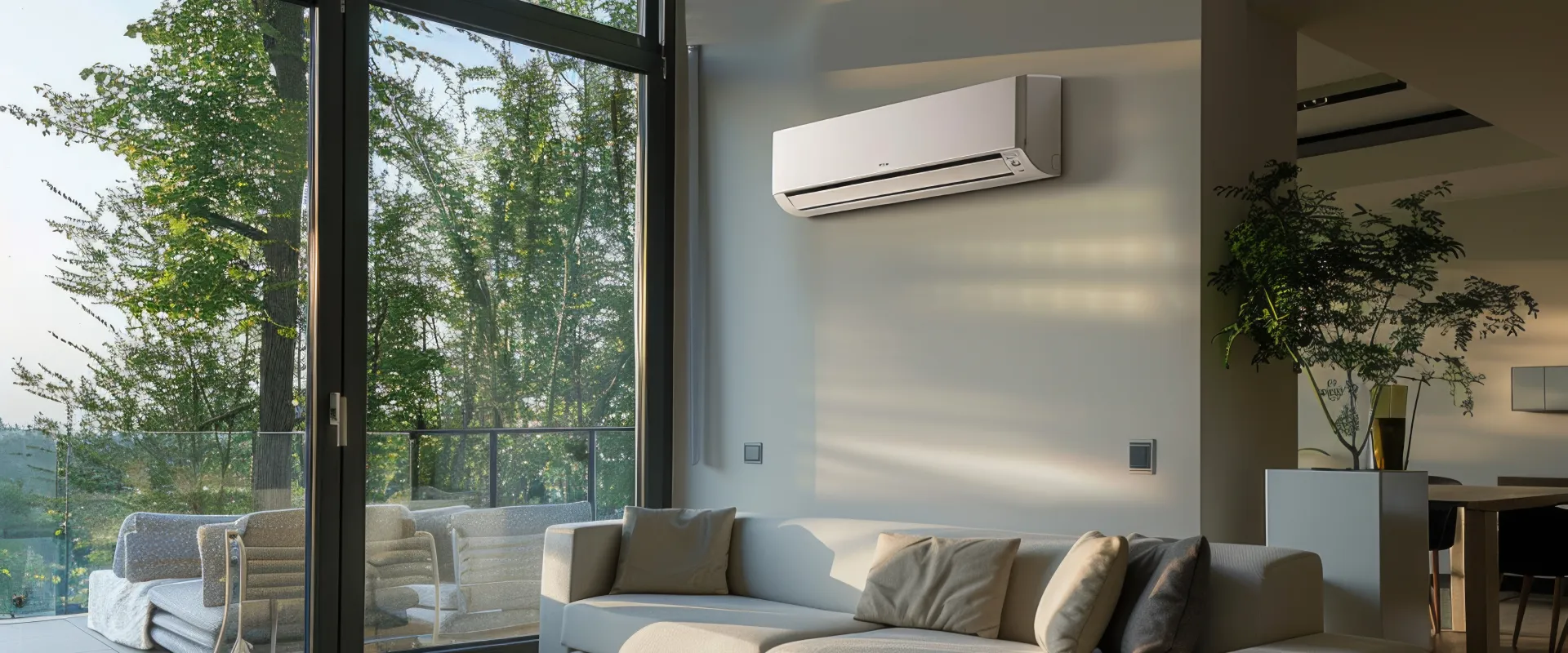 Biała klimatyzacja multisplit umieszczona na ścianie w nowoczesnym salonie