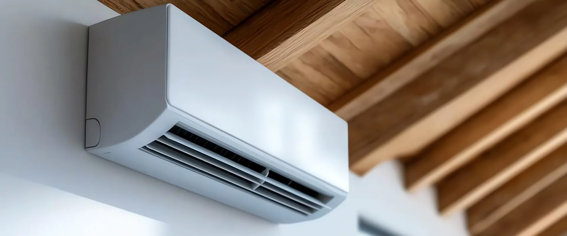 Biała klimatyzacja split umieszczona pod drewnianym sufitem pomieszczenia